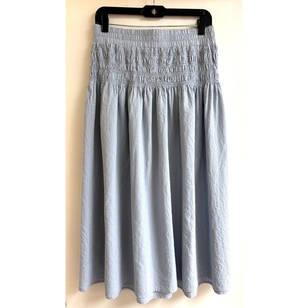 Blue Cotton Modal Midi Skirt M Smock High Waist Resort Crinkle Pinstripe Peasant - Picture 2 of 8